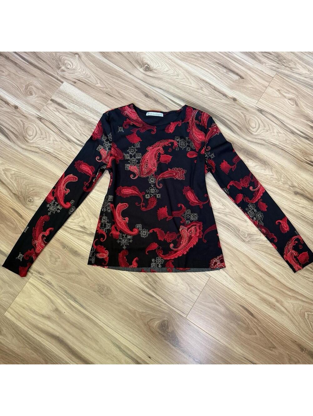 Dressbarn Black Red Gold Paisley Long Sleeve Top Scoop Neck Stretch Knit
